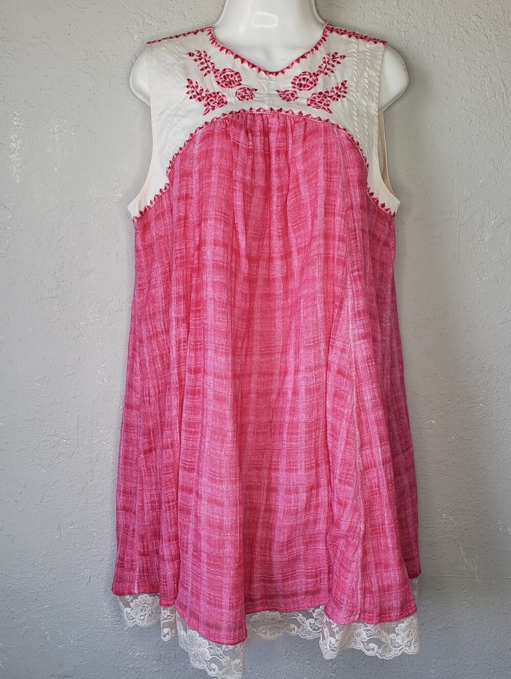 Free People Pink & Cream Sleeveless Embroidered Yoke Dress